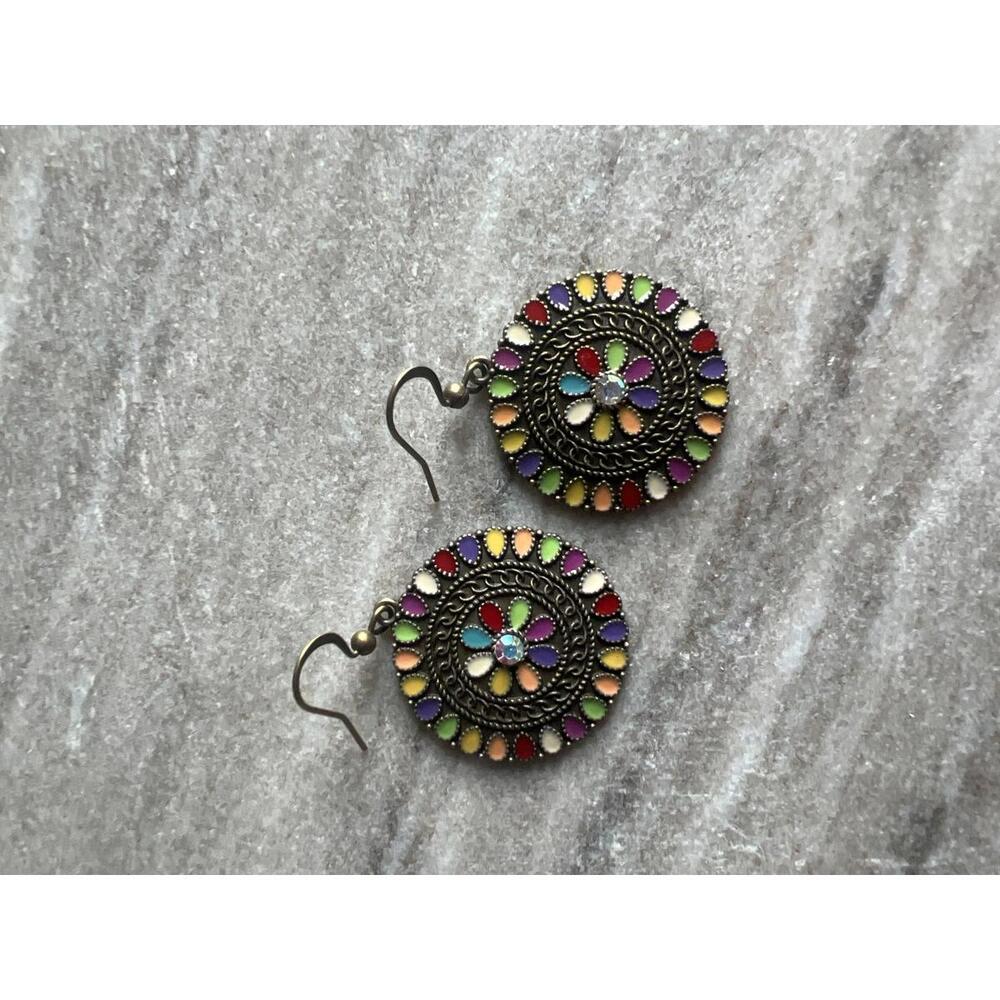 Colorful Round Dangle Earrings with Floral Design